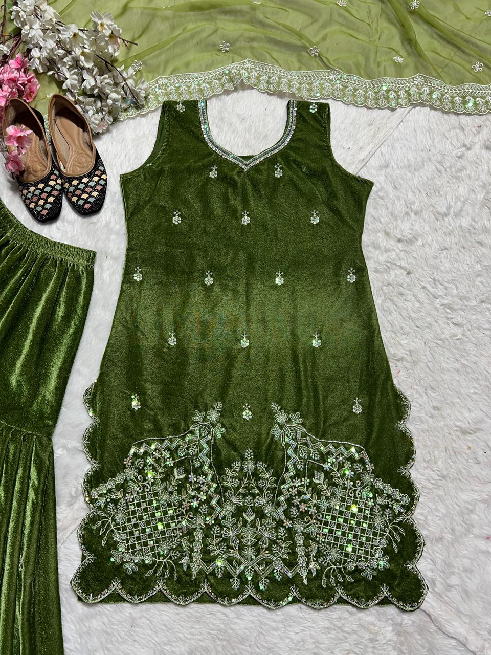 Heavy Velvet Sharara Set | Handwork & Sequence Embroidery | Party Wear with Organza Dupatta