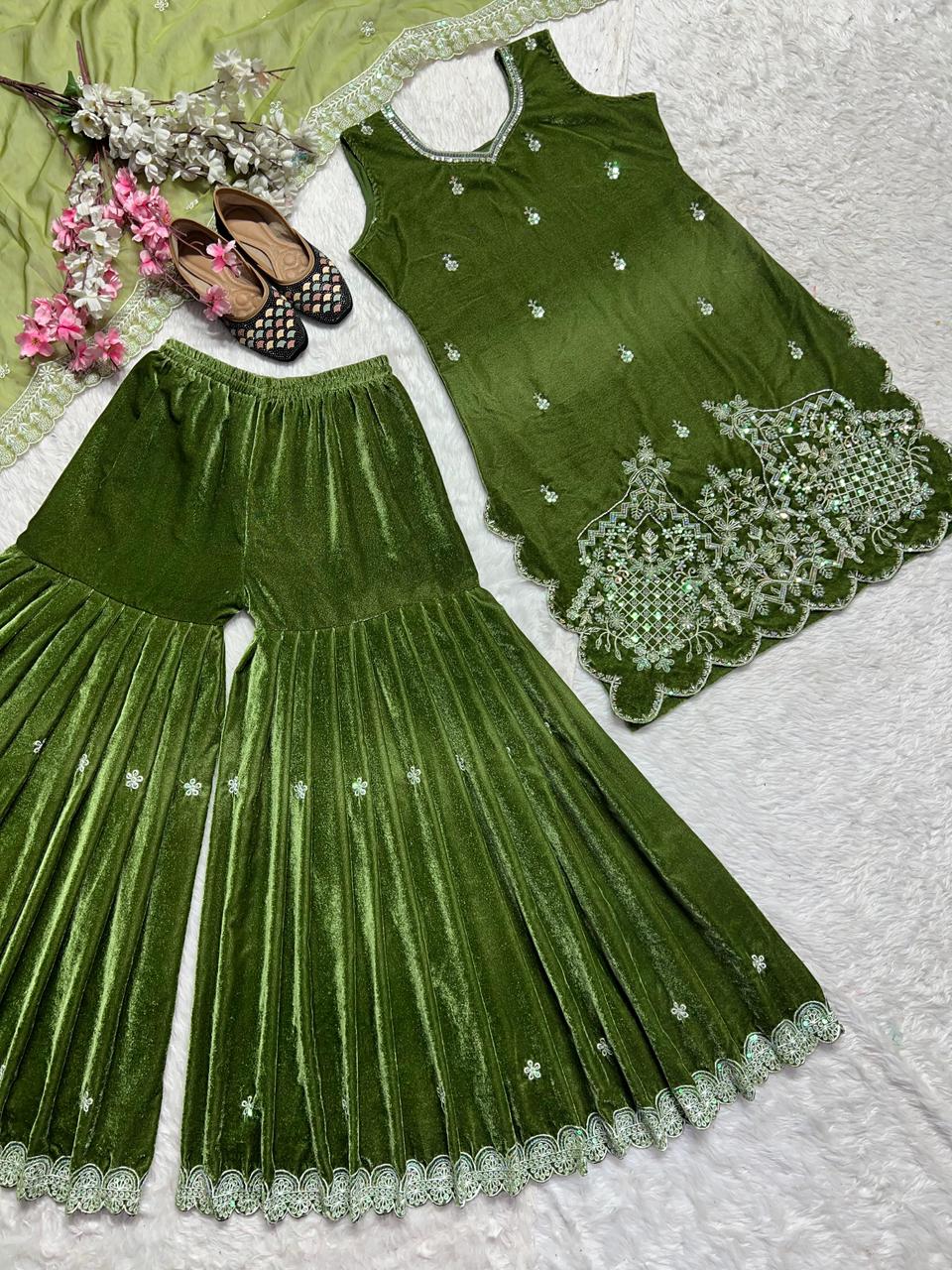Heavy Velvet Sharara Set | Handwork & Sequence Embroidery | Party Wear with Organza Dupatta