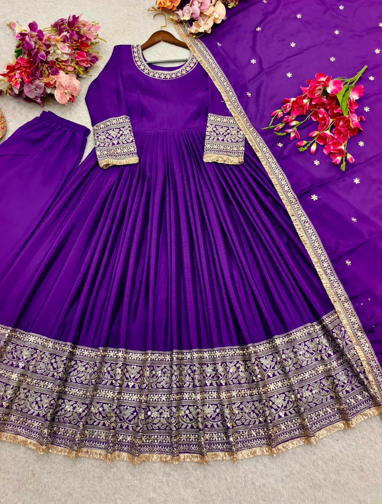 Premium Purple Chinon Silk Designer Gown Set for Women with Pant & Dupatta