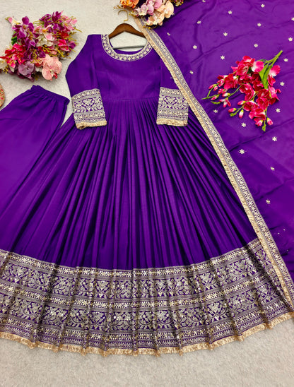 Premium Purple Chinon Silk Designer Gown Set for Women with Pant & Dupatta