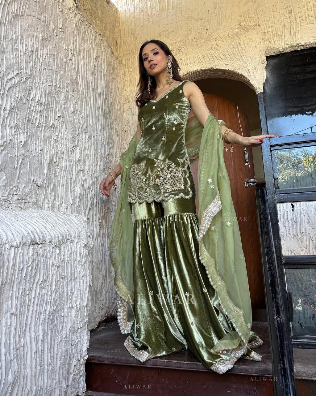 Heavy Velvet Sharara Set | Handwork & Sequence Embroidery | Party Wear with Organza Dupatta