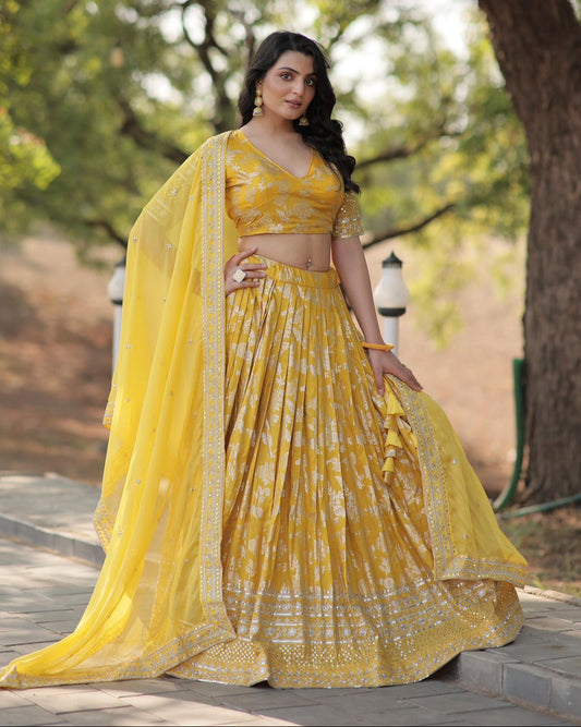Designer Viscose Jacquard Lehenga Set | Sequins Embroidery | Dyeable Wedding & Party Wear