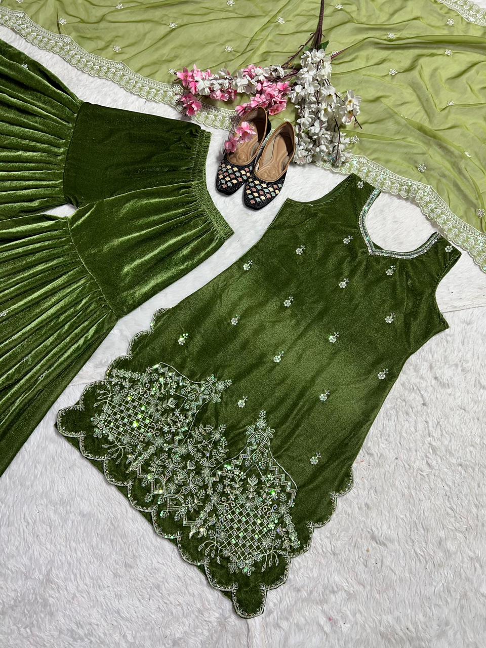 Heavy Velvet Sharara Set | Handwork & Sequence Embroidery | Party Wear with Organza Dupatta