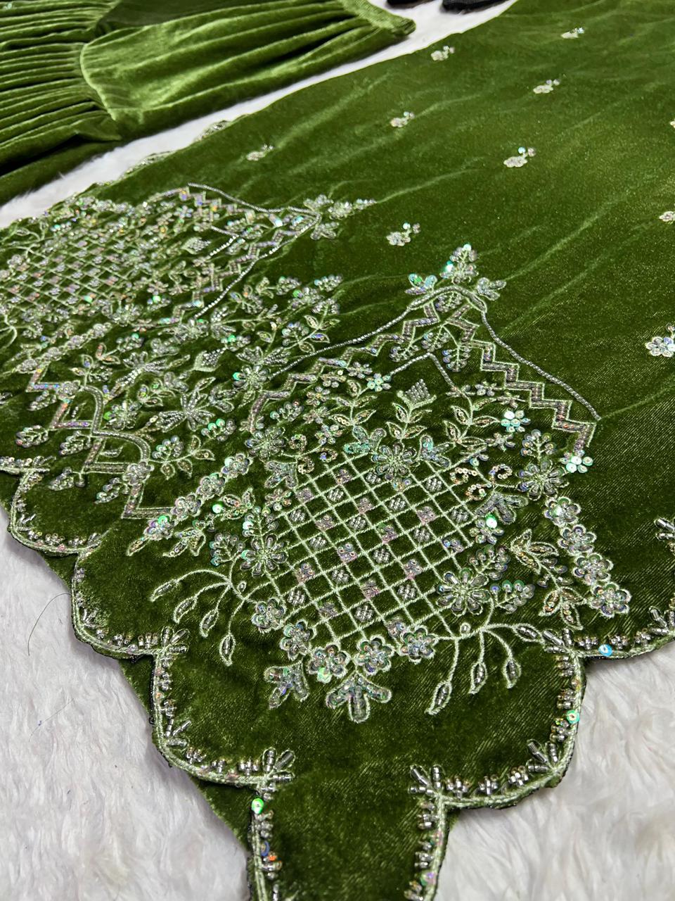 Heavy Velvet Sharara Set | Handwork & Sequence Embroidery | Party Wear with Organza Dupatta
