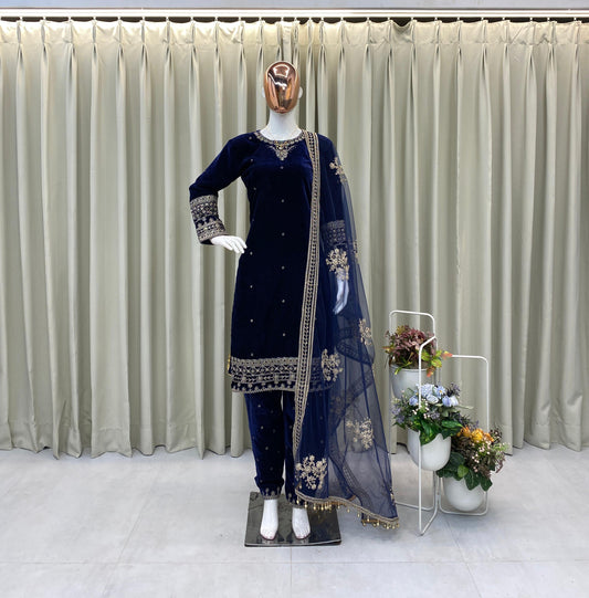 Women’s Winter Velvet Embroidered Blue Kurta and Pant Set with Dupatta