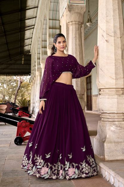Women’s Georgette Co-ord Lehenga Set | Stitched Lehenga & Top | Sequins & Thread Embroidery | Festive & Party Wear