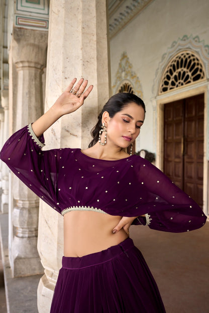 Women’s Georgette Co-ord Lehenga Set | Stitched Lehenga & Top | Sequins & Thread Embroidery | Festive & Party Wear
