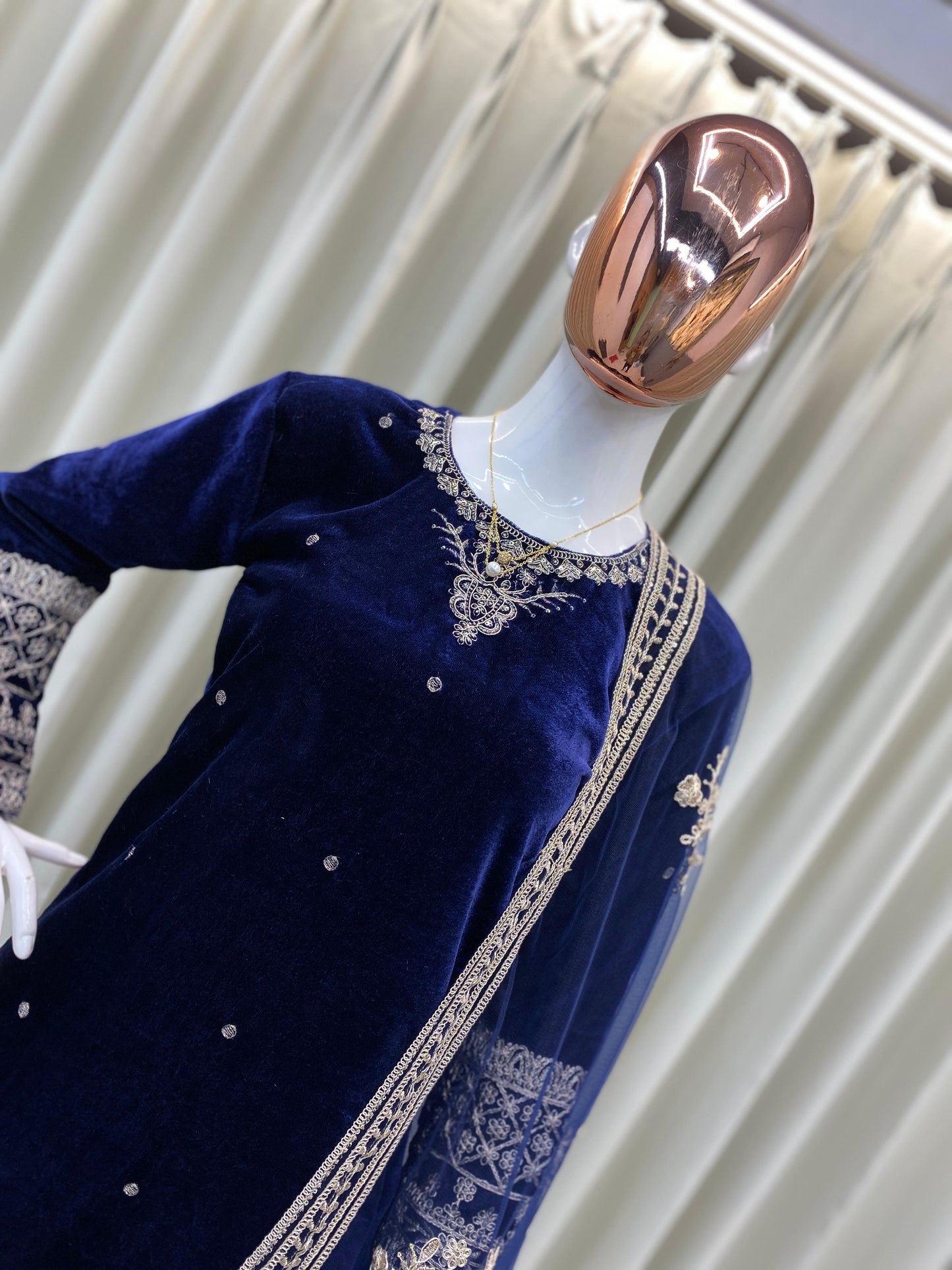 Women’s Winter Velvet Embroidered Blue Kurta and Pant Set with Dupatta