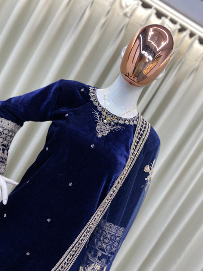 Women’s Winter Velvet Embroidered Blue Kurta and Pant Set with Dupatta