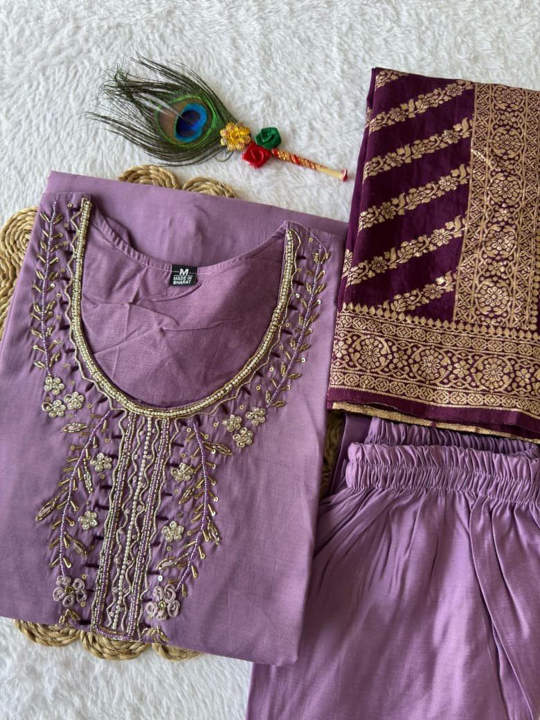 Premium Roman Silk Kurti Pant Dupatta Set – Lavender Designer Handwork Suit
