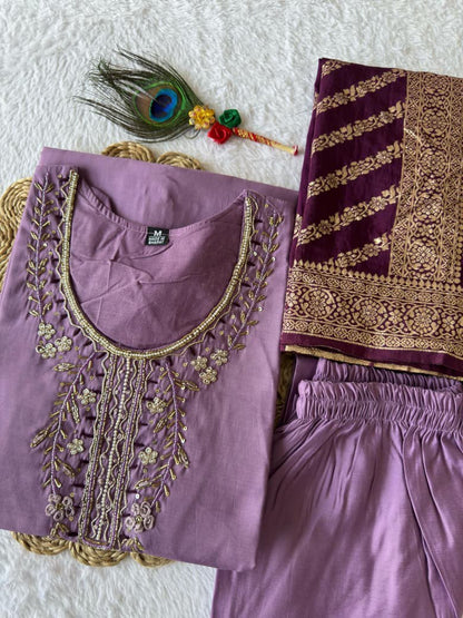 Premium Roman Silk Kurti Pant Dupatta Set – Lavender Designer Handwork Suit