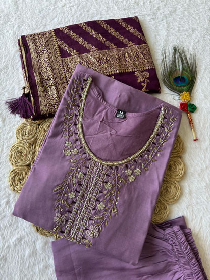 Premium Roman Silk Kurti Pant Dupatta Set – Lavender Designer Handwork Suit