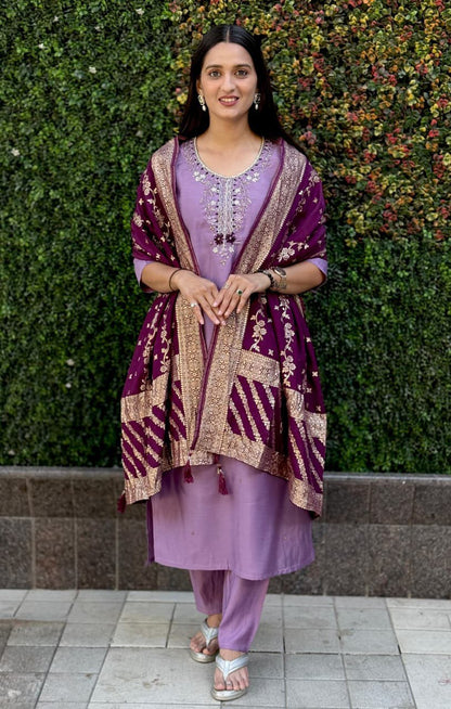 Premium Roman Silk Kurti Pant Dupatta Set – Lavender Designer Handwork Suit