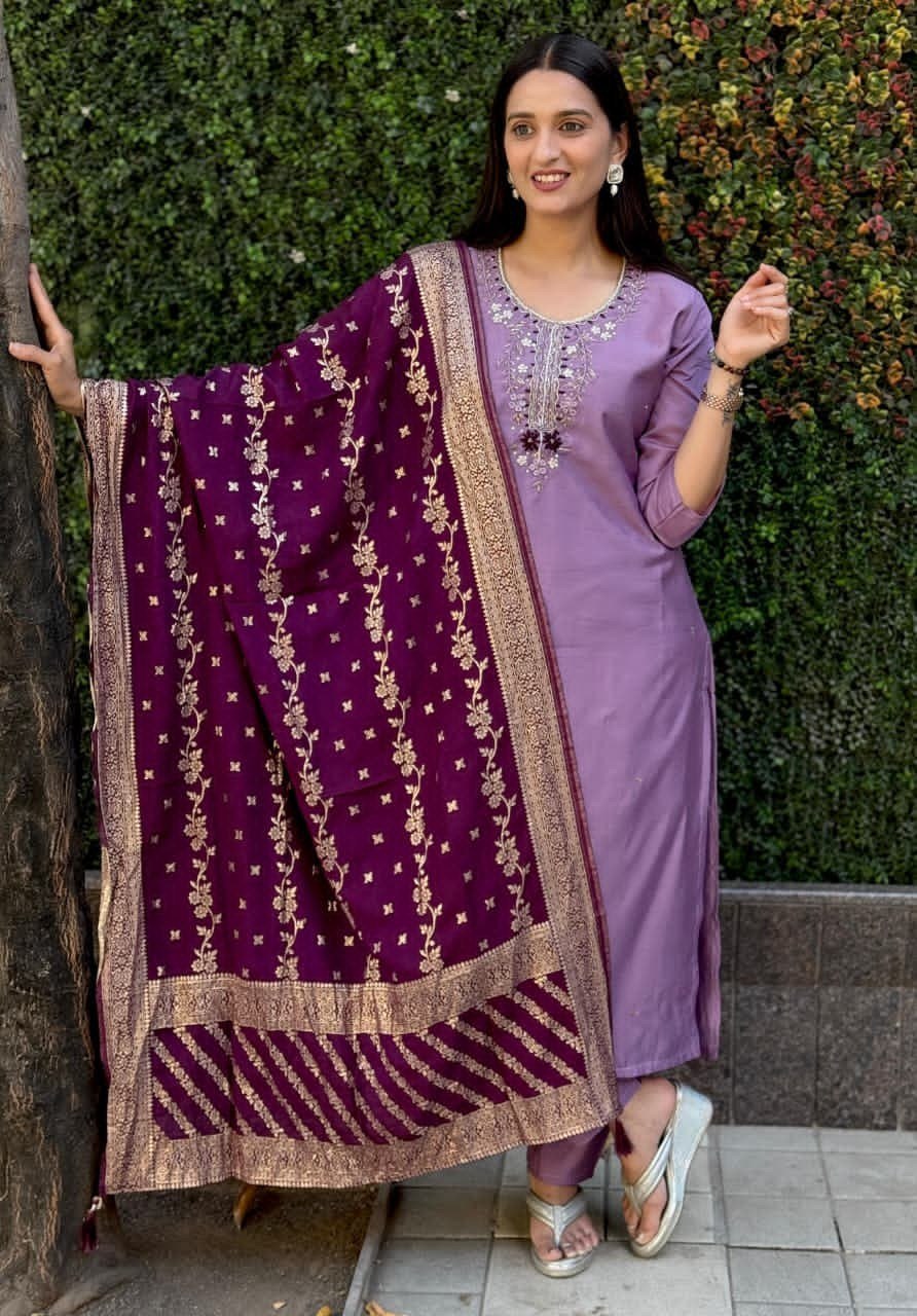 Premium Roman Silk Kurti Pant Dupatta Set – Lavender Designer Handwork Suit