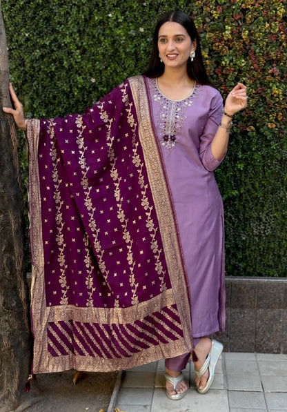 Premium Roman Silk Kurti Pant Dupatta Set – Lavender Designer Handwork Suit