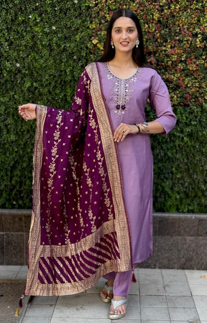 Premium Roman Silk Kurti Pant Dupatta Set – Lavender Designer Handwork Suit
