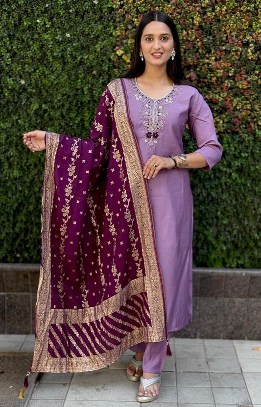 Premium Roman Silk Kurti Pant Dupatta Set – Lavender Designer Handwork Suit