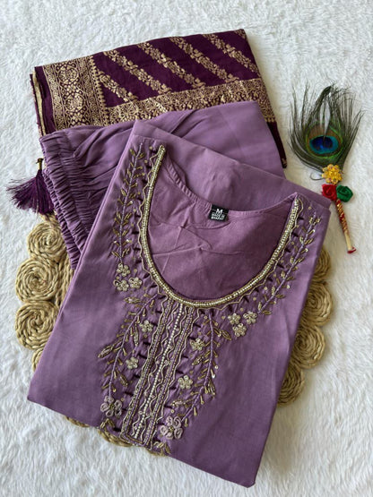 Premium Roman Silk Kurti Pant Dupatta Set – Lavender Designer Handwork Suit
