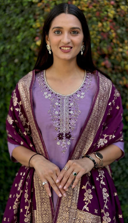 Premium Roman Silk Kurti Pant Dupatta Set – Lavender Designer Handwork Suit
