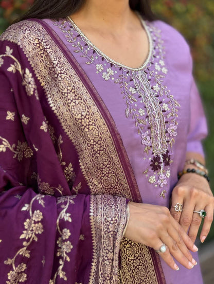 Premium Roman Silk Kurti Pant Dupatta Set – Lavender Designer Handwork Suit