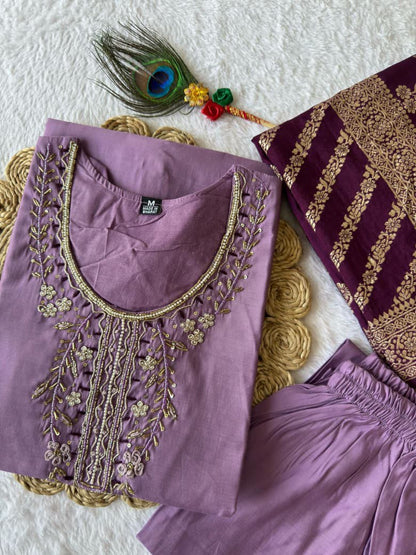 Premium Roman Silk Kurti Pant Dupatta Set – Lavender Designer Handwork Suit