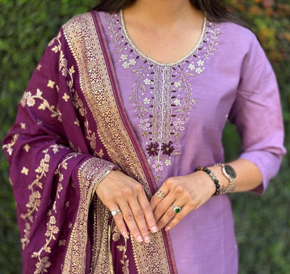 Premium Roman Silk Kurti Pant Dupatta Set – Lavender Designer Handwork Suit