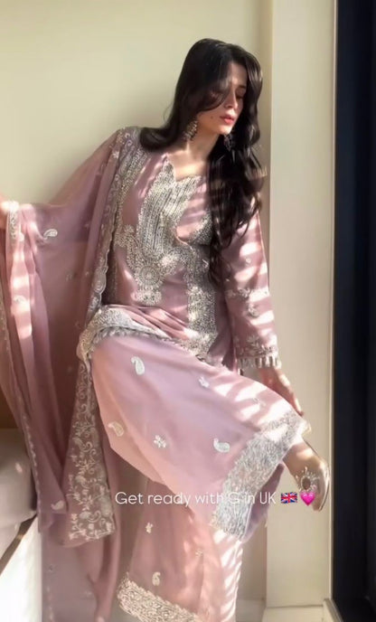 Designer Party Wear Georgette Pink Kurti Palazzo Dupatta Set – Sequins & Pearl Work