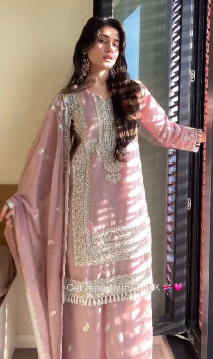 Designer Party Wear Georgette Pink Kurti Palazzo Dupatta Set – Sequins & Pearl Work