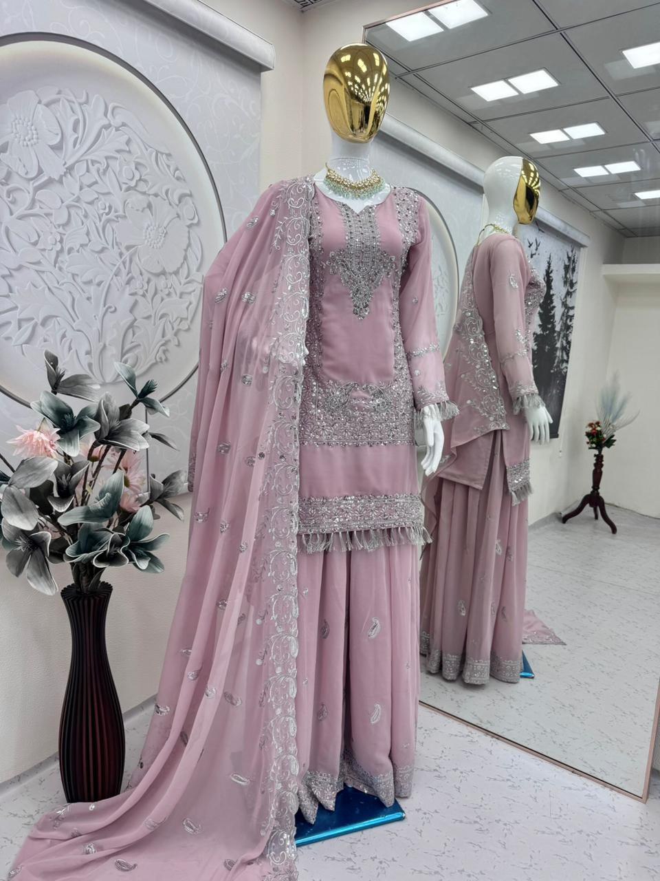 Designer Party Wear Georgette Pink Kurti Palazzo Dupatta Set – Sequins & Pearl Work