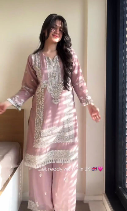 Designer Party Wear Georgette Pink Kurti Palazzo Dupatta Set – Sequins & Pearl Work