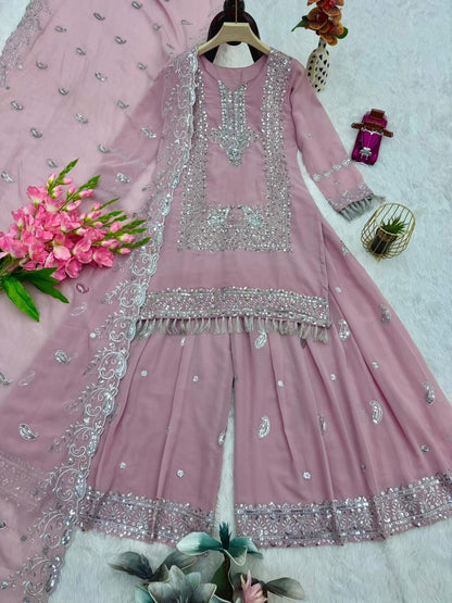 Designer Party Wear Georgette Pink Kurti Palazzo Dupatta Set – Sequins & Pearl Work
