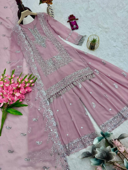Designer Party Wear Georgette Pink Kurti Palazzo Dupatta Set – Sequins & Pearl Work