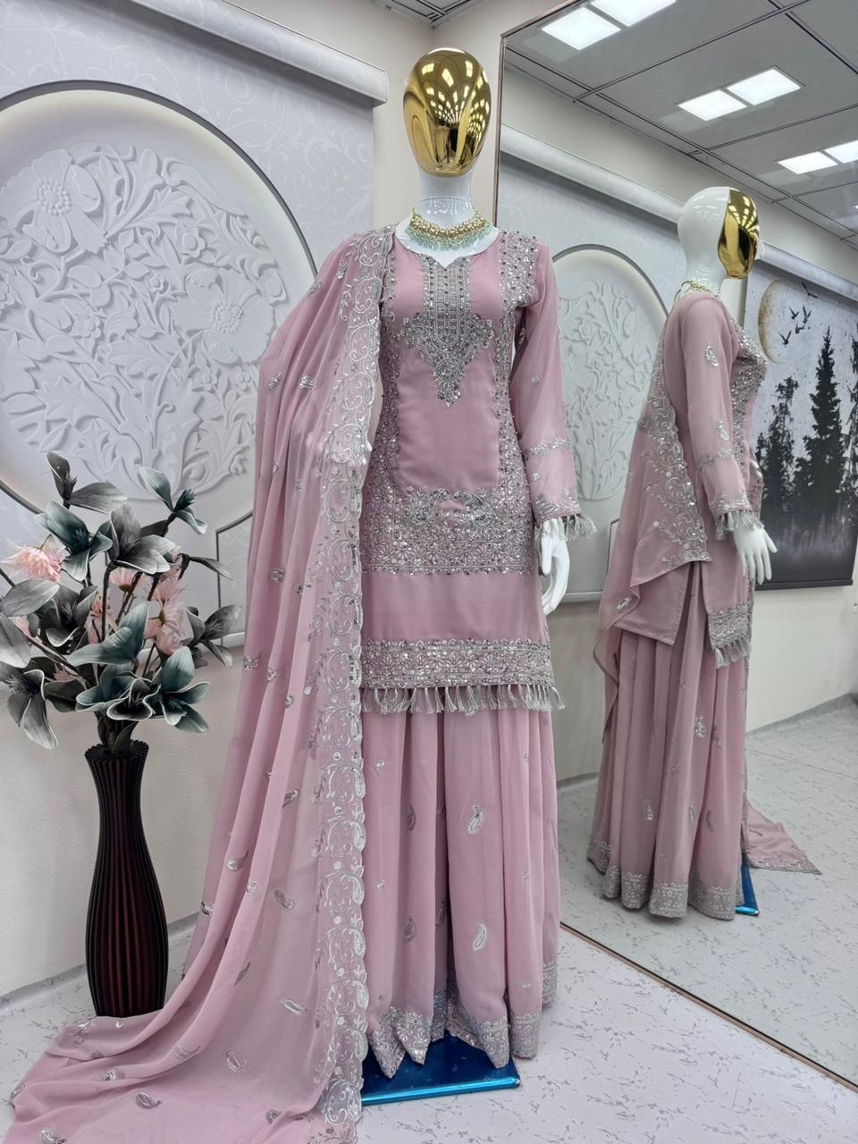 Designer Party Wear Georgette Pink Kurti Palazzo Dupatta Set – Sequins & Pearl Work