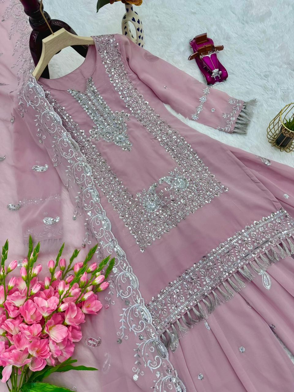 Designer Party Wear Georgette Pink Kurti Palazzo Dupatta Set – Sequins & Pearl Work