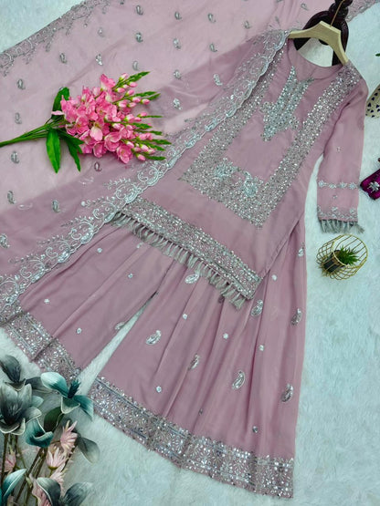 Designer Party Wear Georgette Pink Kurti Palazzo Dupatta Set – Sequins & Pearl Work