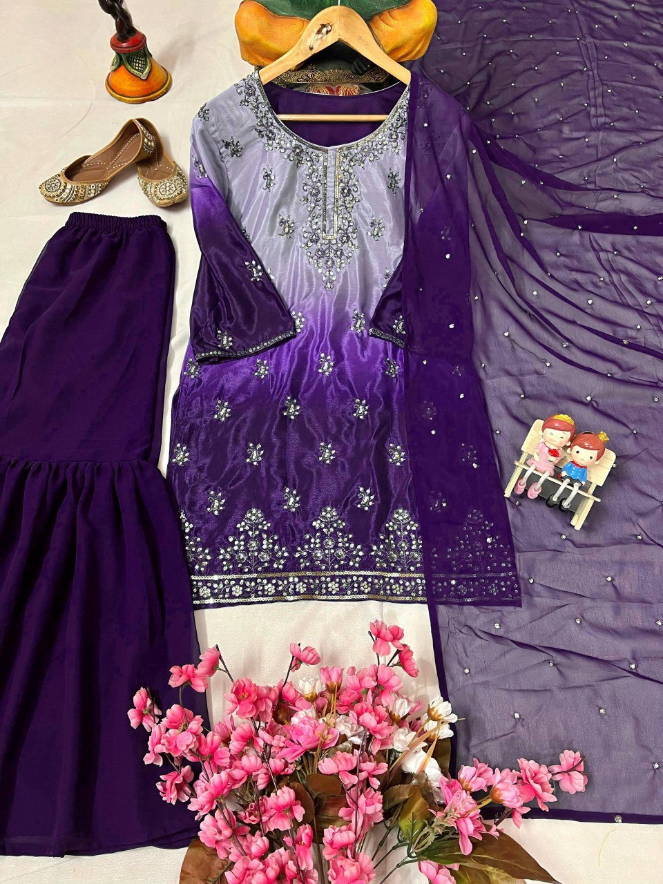 Designer Kurti & Ruffled Sharara Set with Sequins & Zari Work