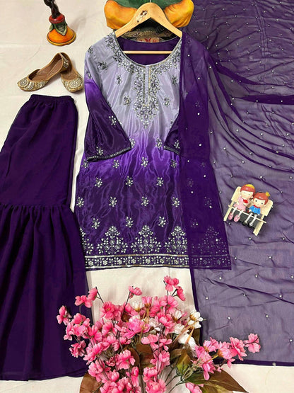 Designer Kurti & Ruffled Sharara Set with Sequins & Zari Work