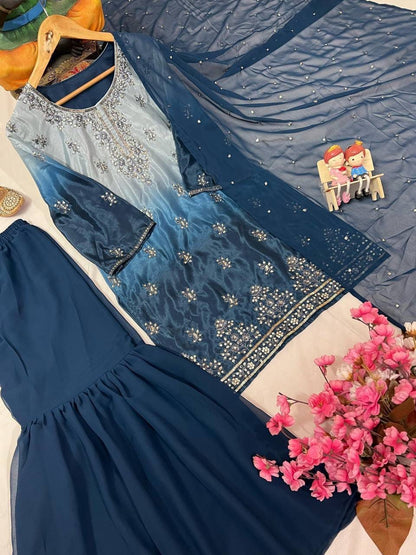 Designer Kurti & Ruffled Sharara Set with Sequins & Zari Work