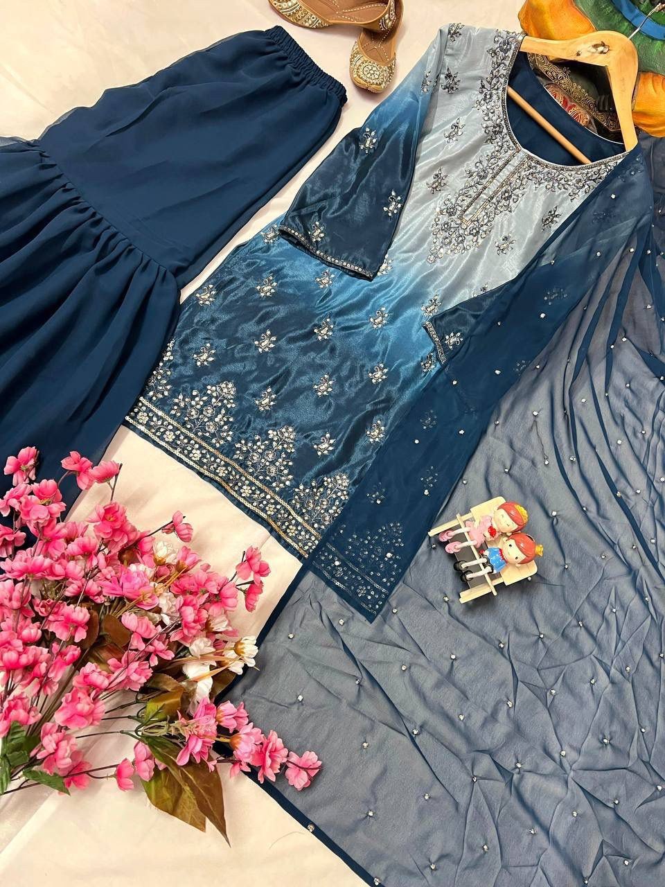 Designer Kurti & Ruffled Sharara Set with Sequins & Zari Work