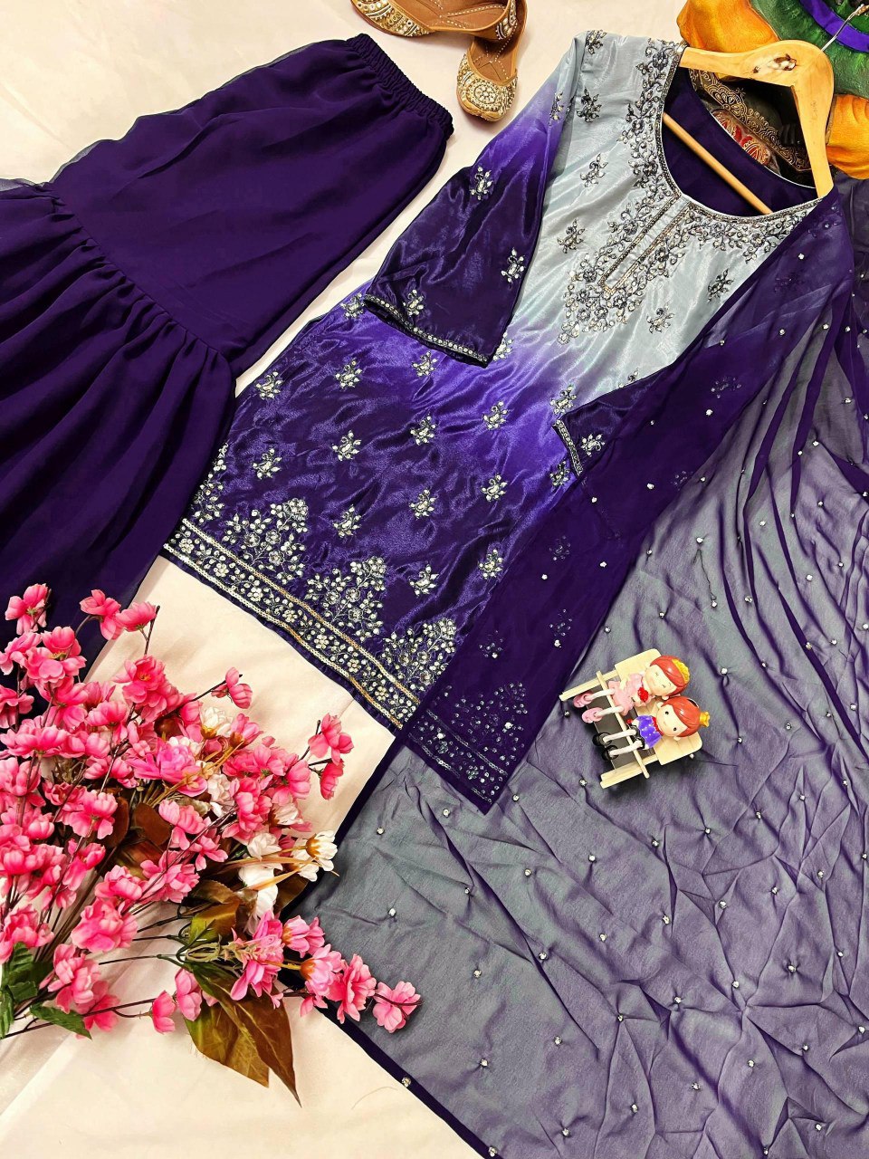 Designer Kurti & Ruffled Sharara Set with Sequins & Zari Work