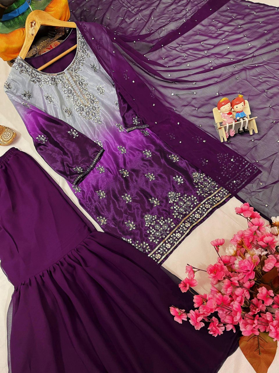 Designer Kurti & Ruffled Sharara Set with Sequins & Zari Work