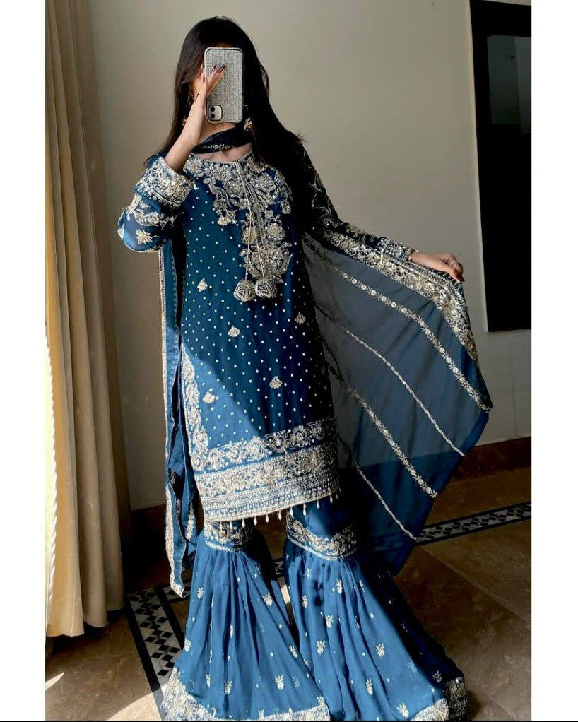 Designer Georgette Kurti & Sharara Set with Sequins & Zari Work