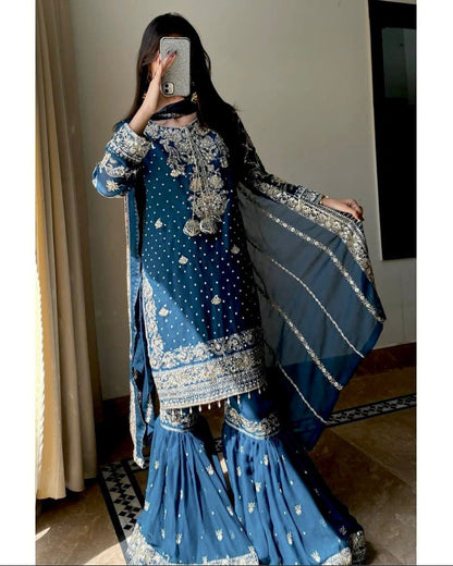 Designer Georgette Kurti & Sharara Set with Sequins & Zari Work