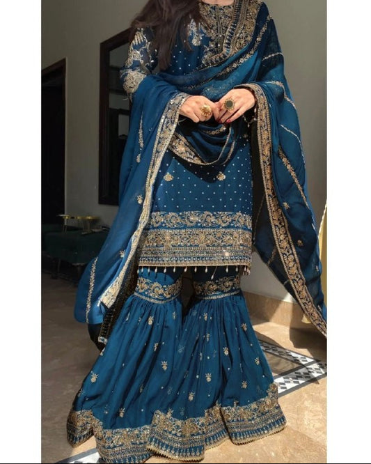 Designer Georgette Kurti & Sharara Set with Sequins & Zari Work