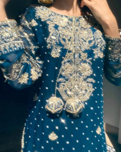 Designer Georgette Kurti & Sharara Set with Sequins & Zari Work