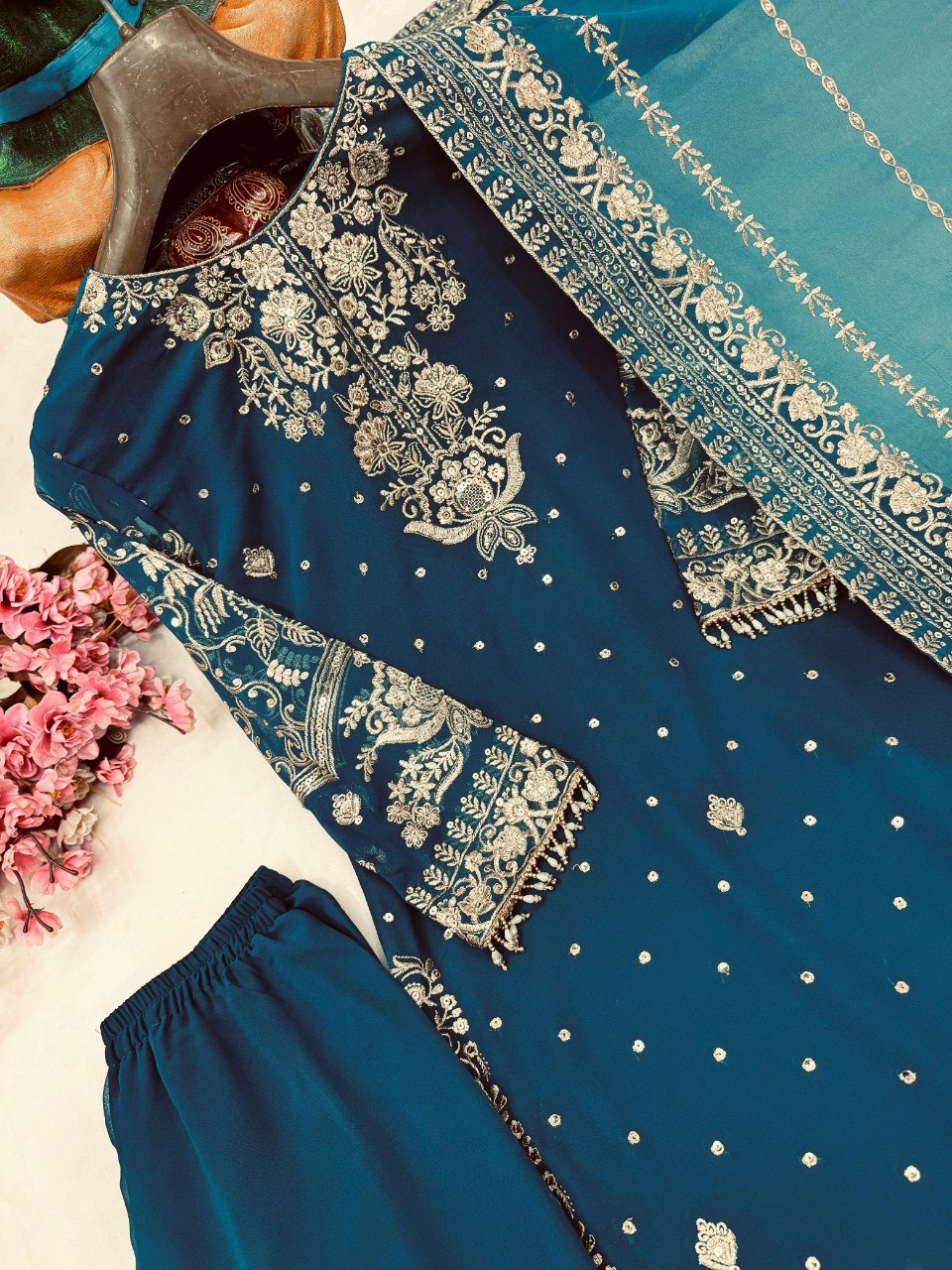 Designer Georgette Kurti & Sharara Set with Sequins & Zari Work
