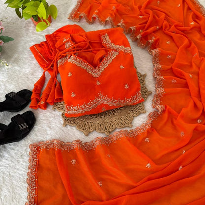 Zari Work Fox Georgette Embroidered Sabiya Chachi Style Gown Set