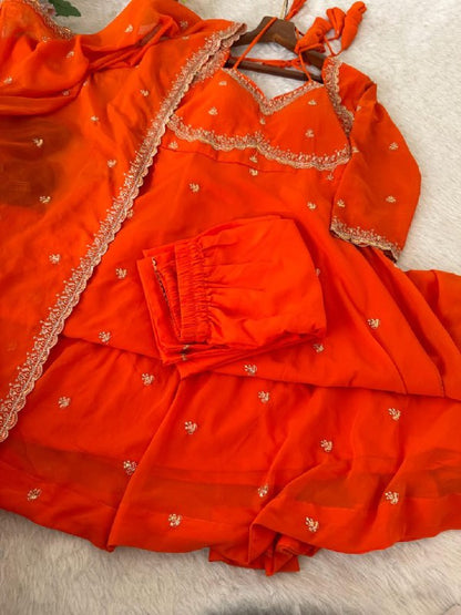 Zari Work Fox Georgette Embroidered Sabiya Chachi Style Gown Set