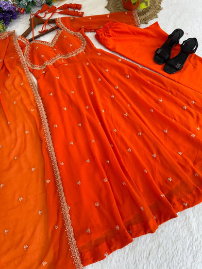 Zari Work Fox Georgette Embroidered Sabiya Chachi Style Gown Set