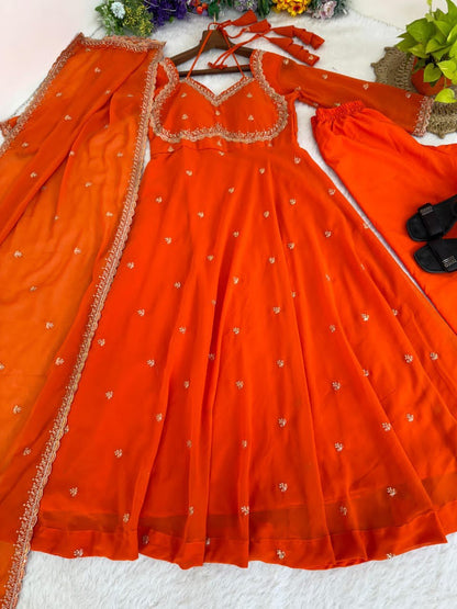 Zari Work Fox Georgette Embroidered Sabiya Chachi Style Gown Set